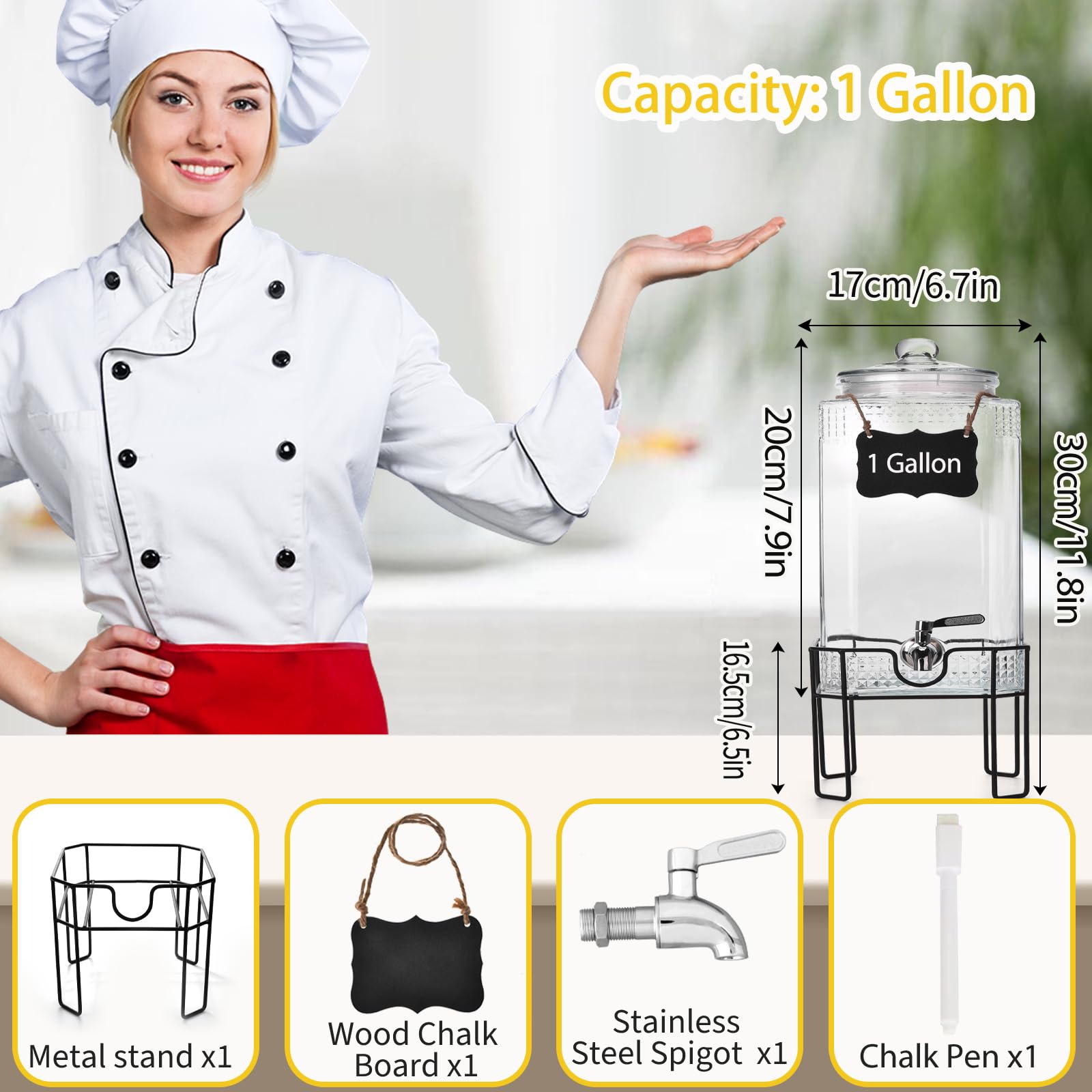 Dispensador de bebidas, dispensadores de bebidas para fiestas, dispensador de bebidas de vidrio de 1 galón con soporte y tapa de vidrio, espiga 100% a prueba de fugas, ideal para limonada, jugo, té