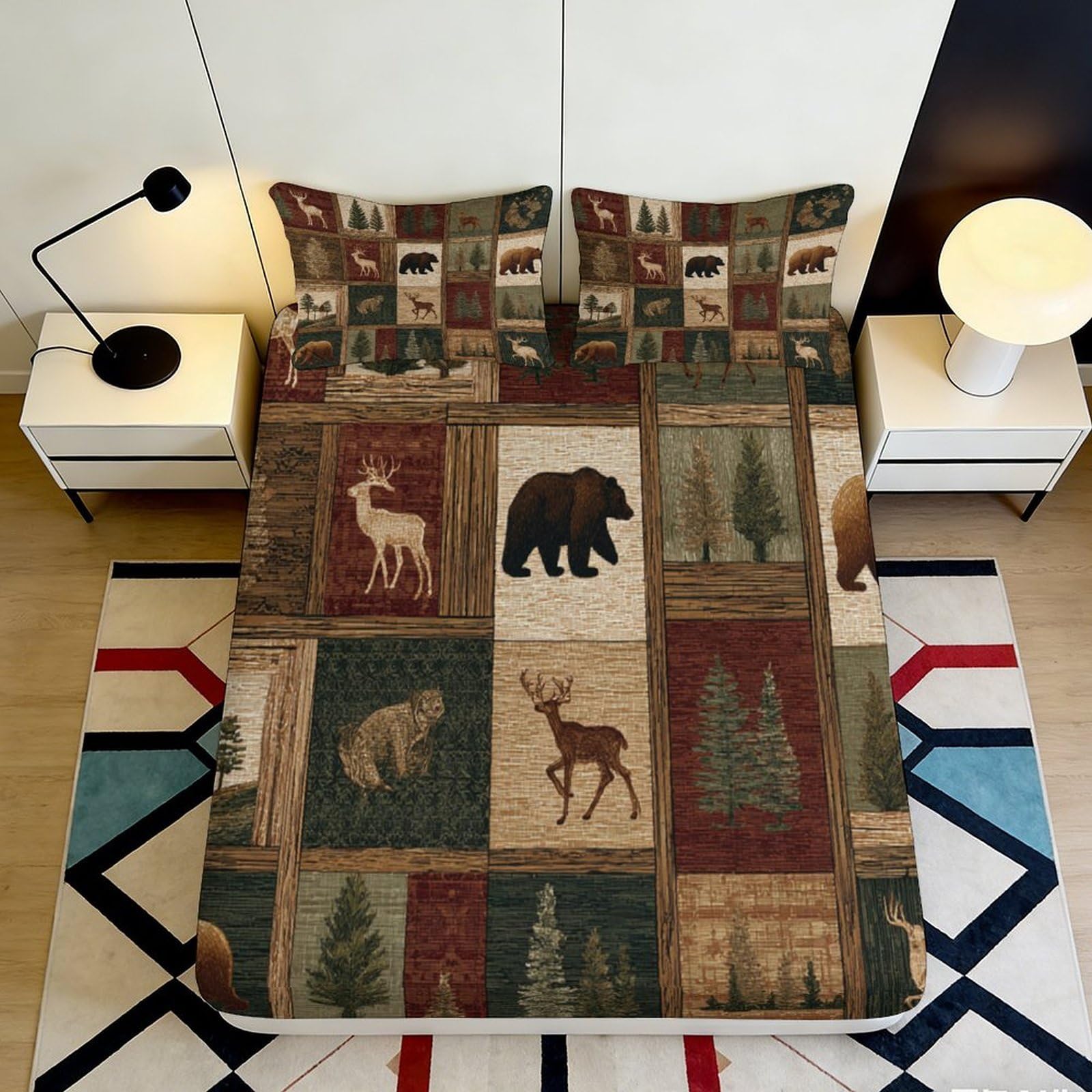 3D Printed Forest Bear Fitted Sheet Microfiber Woodland Deer Mattress Cover for Bedroom Guest Room Decor 90x200x25cm