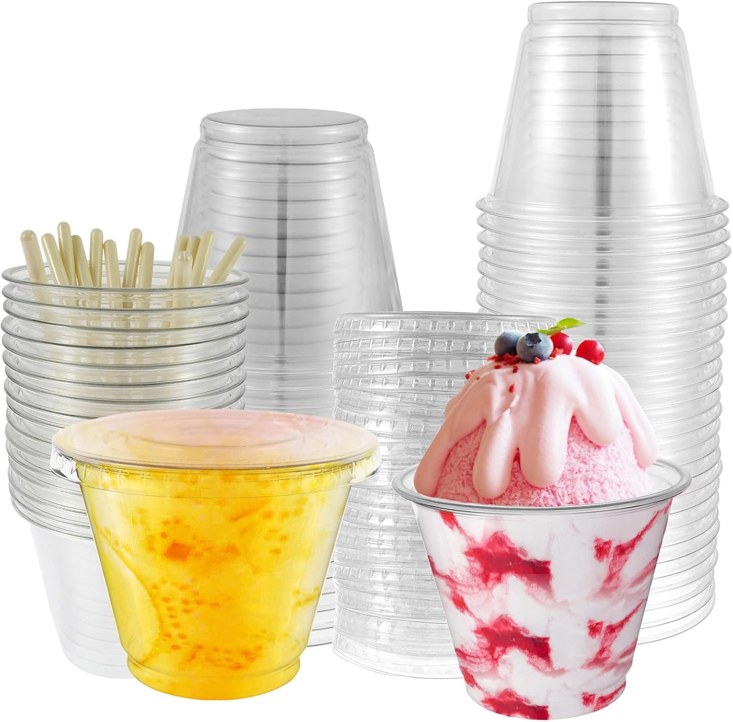 100 Pcs Dessert Cup with Flat Lids and Sporks 250ml Appetizer Cup Clear Dessert Container Plastic Cake Cup Round Parfait Cup Leakproof Party Serving Cup for Appetizers Cake Pudding Yogurt Mousse US