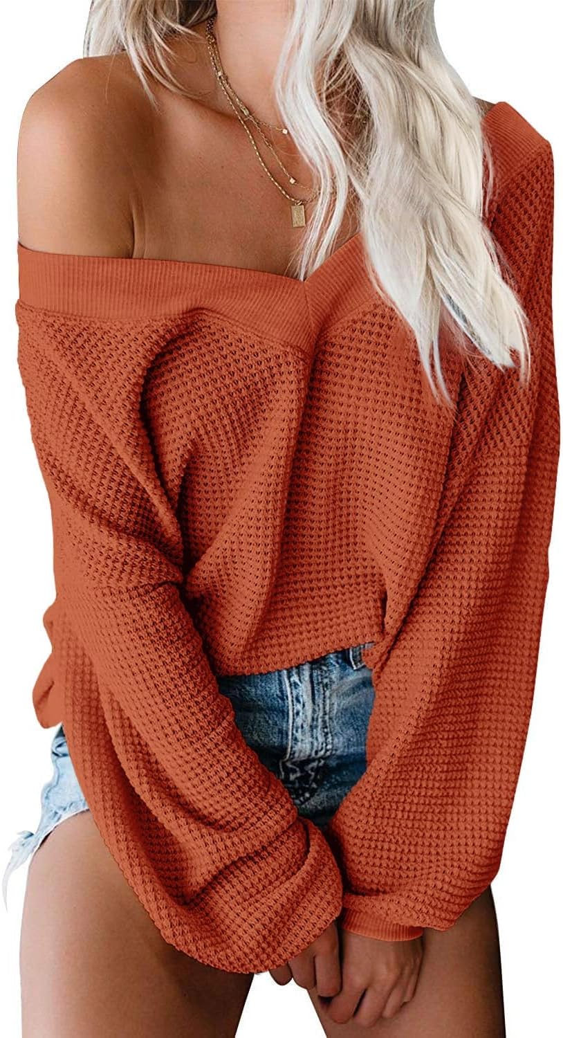 ReachMe Womens Oversized Off The Shoulder Tops Long Sleeve Waffle Knit Shirt Drop Shoulder Sweater Top
