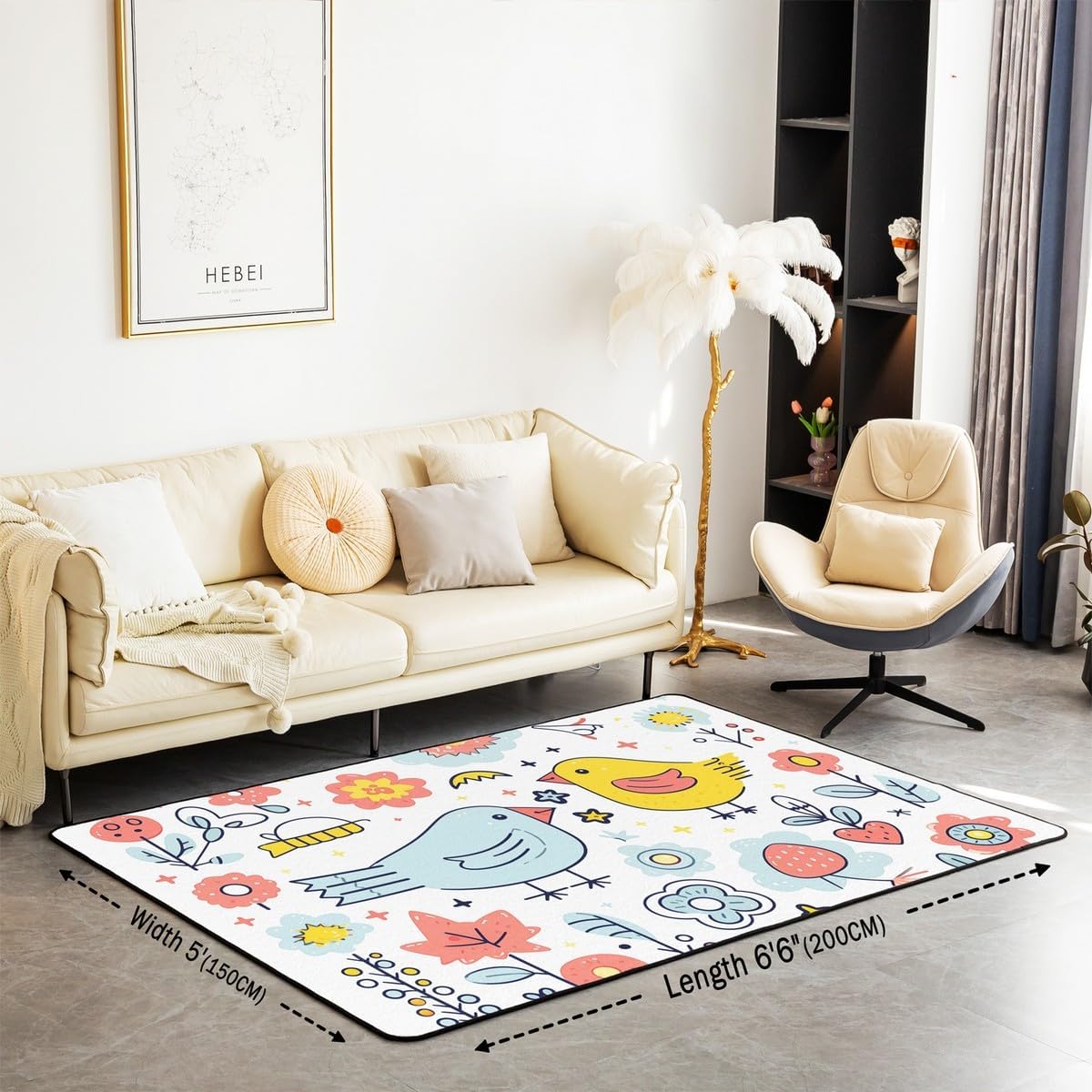 Cartoon Bird Living Room Rugs 3x5 Hand Drawn Flower Tree Area Rug for Kids Teen Childlike Style Carpet Runner Non Slip Wild Jungle Animal Decorative Accent Rug Bedroom Decor