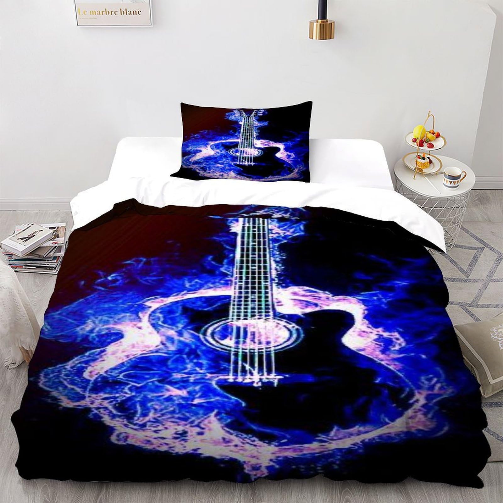Guitar Flame Bedding Set 3D Design Space Theme Theme Duvet Cover Set 2 Pieces Microfiber Quilt Cover Suitable for Family,couple,children with Pillowcase Single（135x200cm）