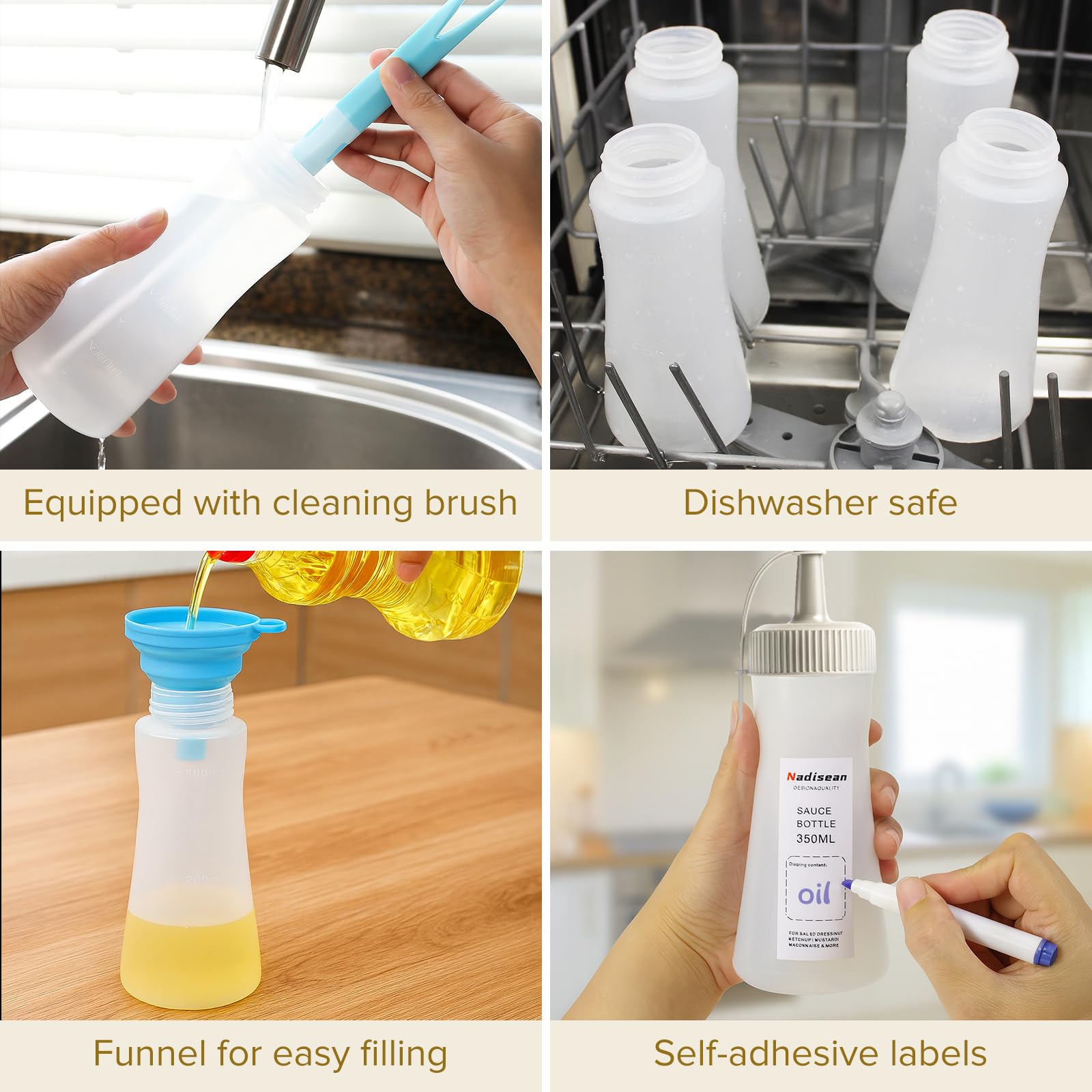 4 Pezzi Biberon Cucina Professionale 350ml, Squeeze Bottle 11.8oz, Trasparente Biberon da Cucina, Ottiglia Squeeze di Plastica con Pennello di Pulizia e Adesivi per Ketchup Olio D'Oliva