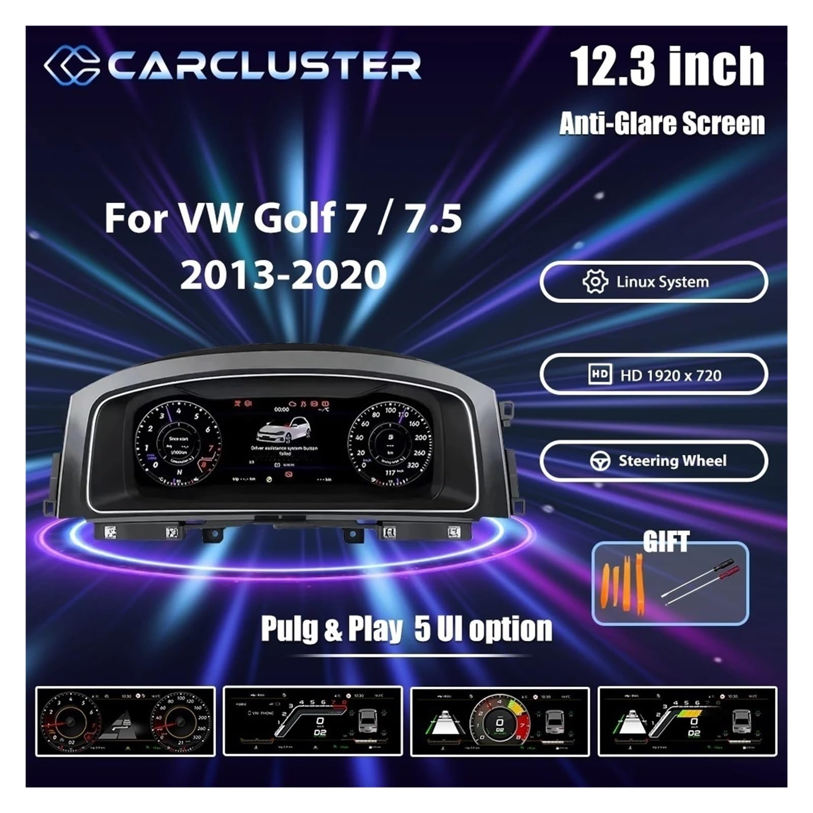 Cluster digitale per cruscotto LCD da 12,3 pollici compatibile con VW Golf 7 MK7 2013-2020 anni Supporto HDMI Radio Quadro strumenti Cockpit