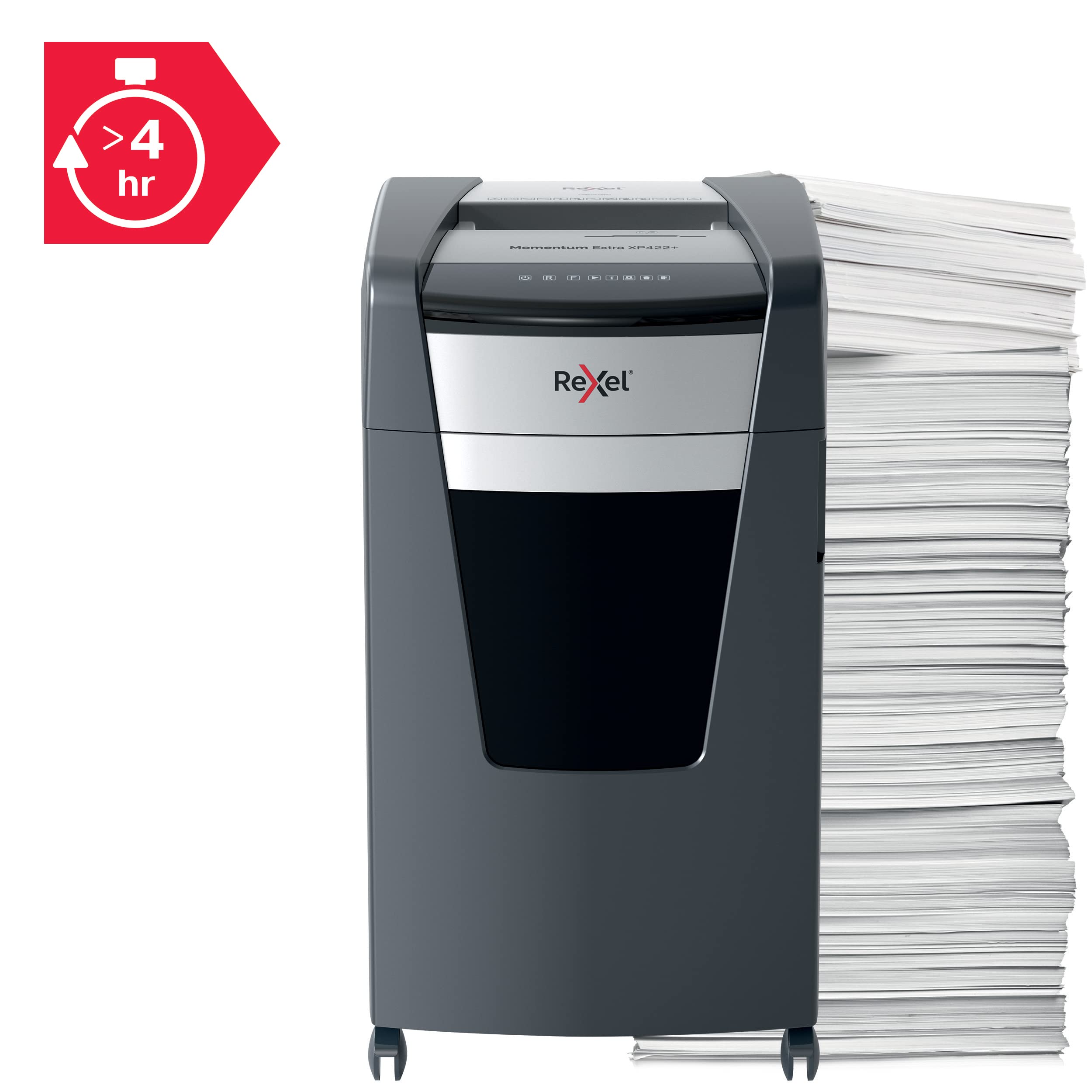 Rexel, Niszczarka do Papieru Rexel Momentum Extra XP422+, do Biura, Tnie na Konfetti do 22 kartek (80 gsm), Poziom Bezpieczeństwa P-4, Pojemnik na Ścinki: 85L, Technologia Zapobiegania Zacięciom