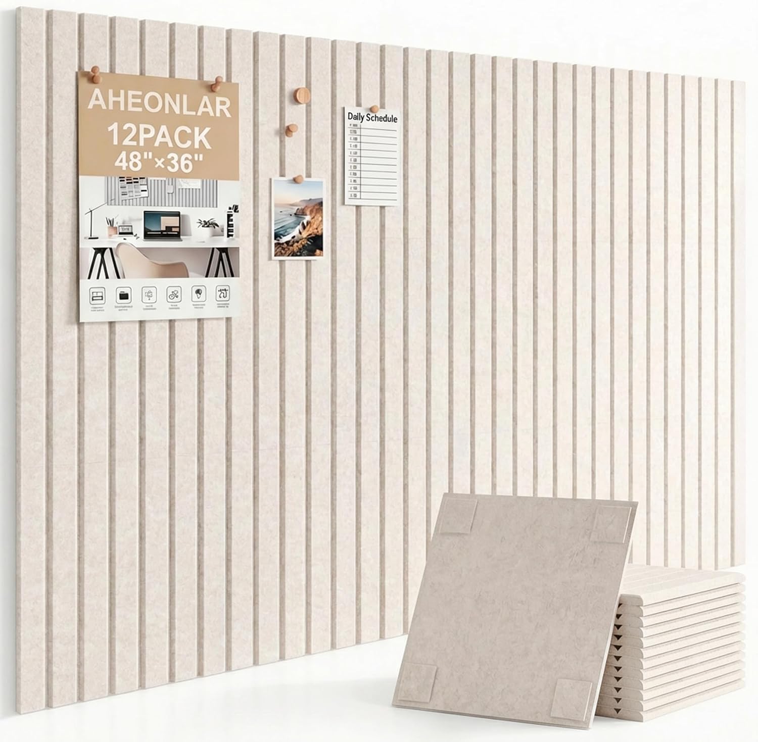 AHEONLAR Felt Bulletin Board 48" x 36", Cork Boards for Walls, 12 Pack Bulletin Board Large Cork Board for Office, Felt Boards with 70 Safe Removable Adhesive Tabs, Pin Board for Home(Light Beige)
