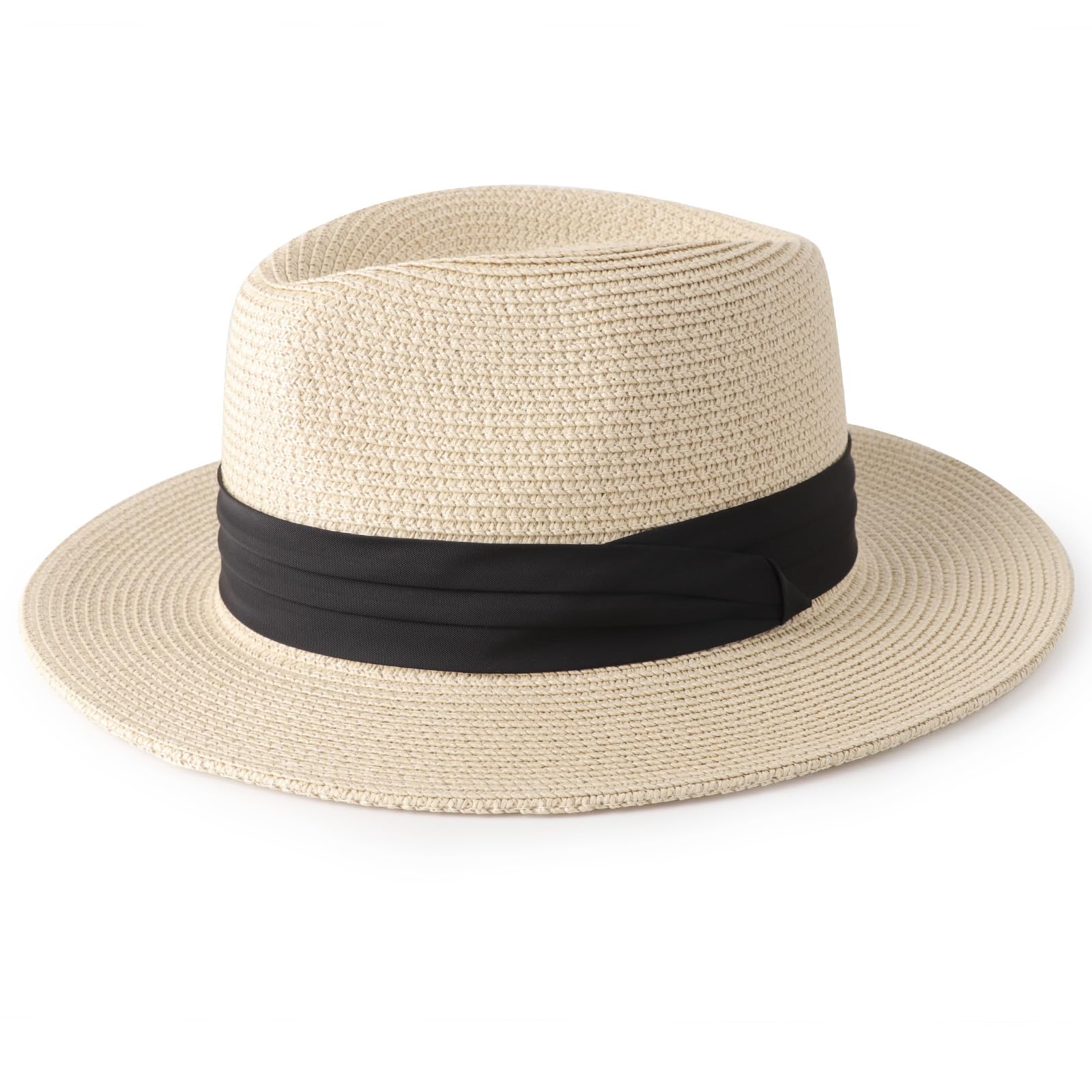 Dreshow Women's Panama Straw Hat: Beige Straw Panama Fedora Beach Sun Hat - Wide Brim Straw Roll Up Hat Upf 50+