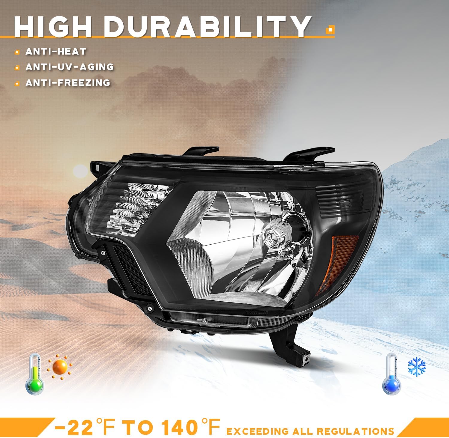 WEELMOTO headlight assembly in a desert and snowy environment, illustrating high durability.