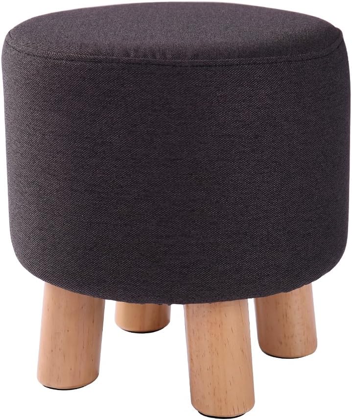 QVB Round Short Ottoman Stool Pouf Foot Stool with Wooden Beech Legs, Dark Gray Color