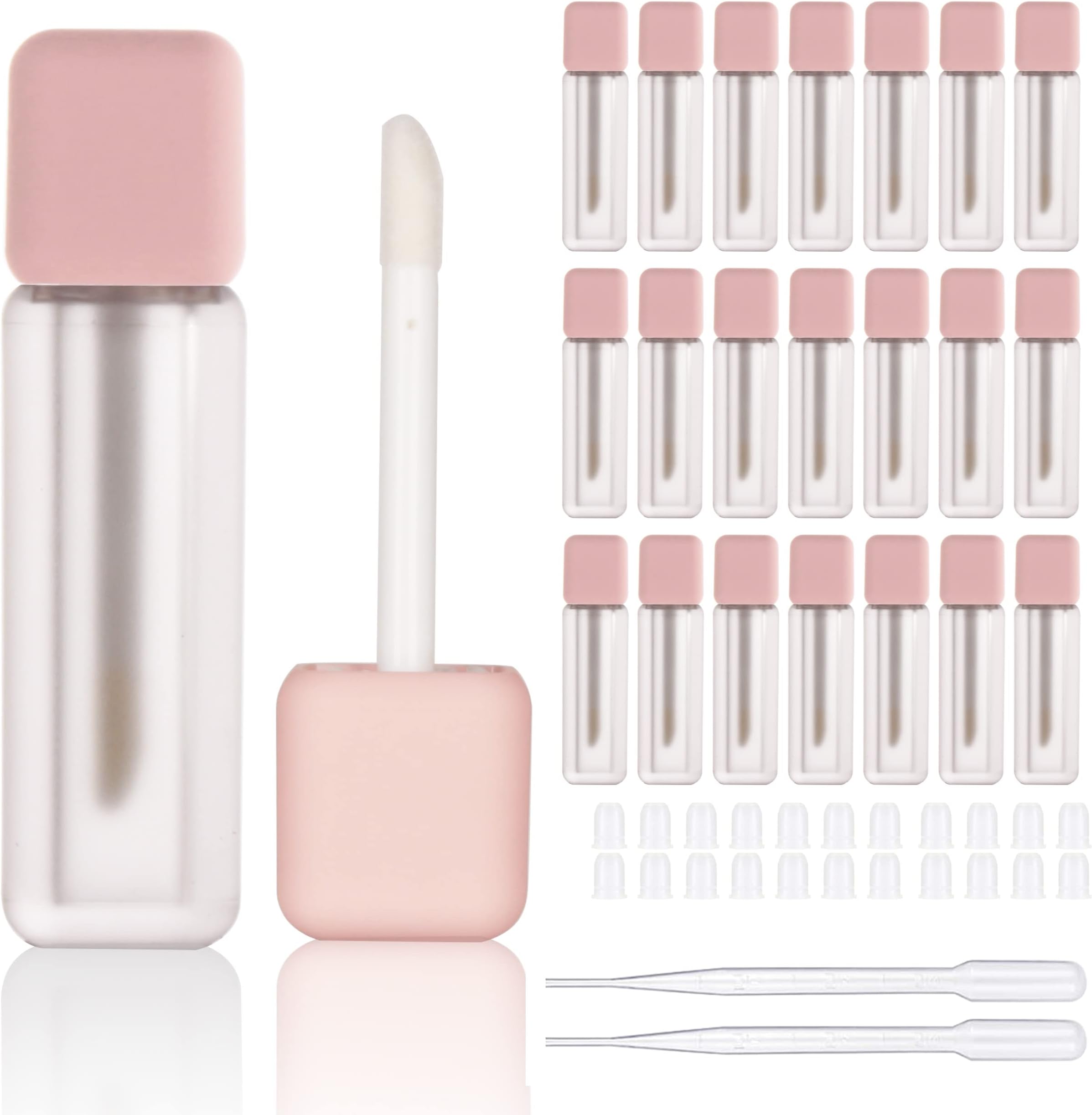 COSIDEA 22pcs empty 6ml square lip gloss tubes, Pink frosted lipgloss tube container with wand and stopper
