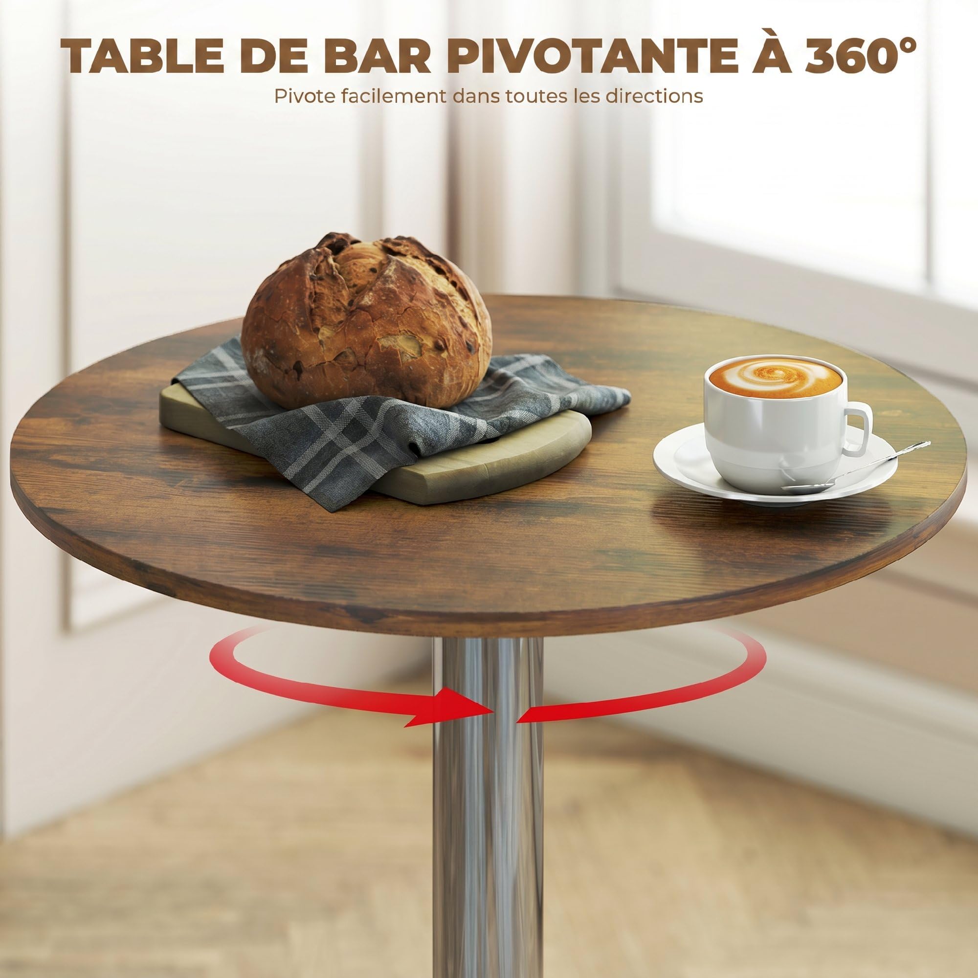 HOMCOM Table de Bar Table Bistro Hauteur Réglable 67-93 cm Ø 60 cm Marron