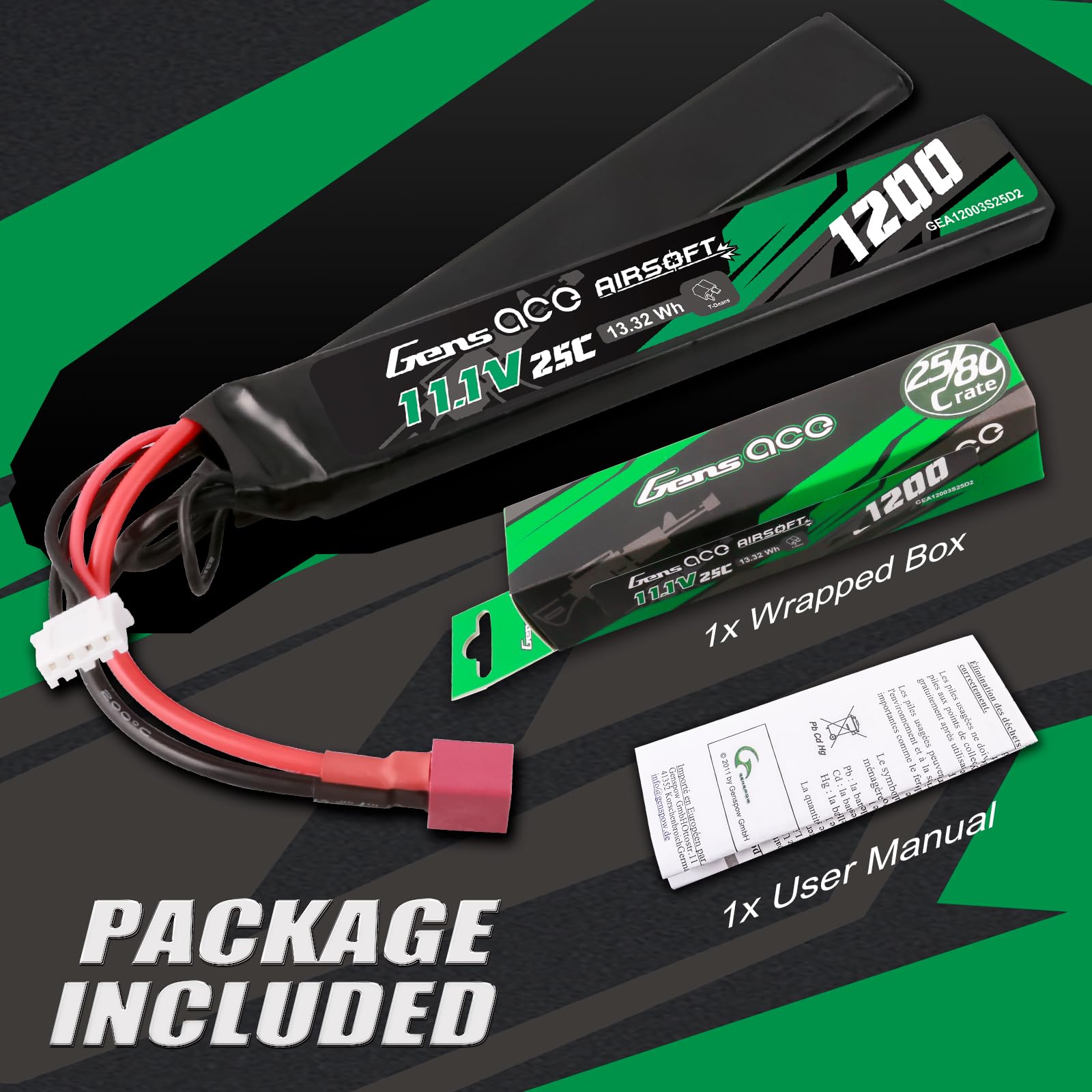 Gens Ace 3S 11,1 V 1200 mAh 25C akumulator LiPo 2-drożny split z wtyczką T Deans do standardowych replik Airsoft/AEG
