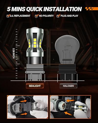 Miniatura 5 de SEALIGHT Bombilla LED para luz de marcha atrás, bombilla 3157 LED color blanco, 6000K 3000Lm súper brillante, luz de freno y estacionamiento