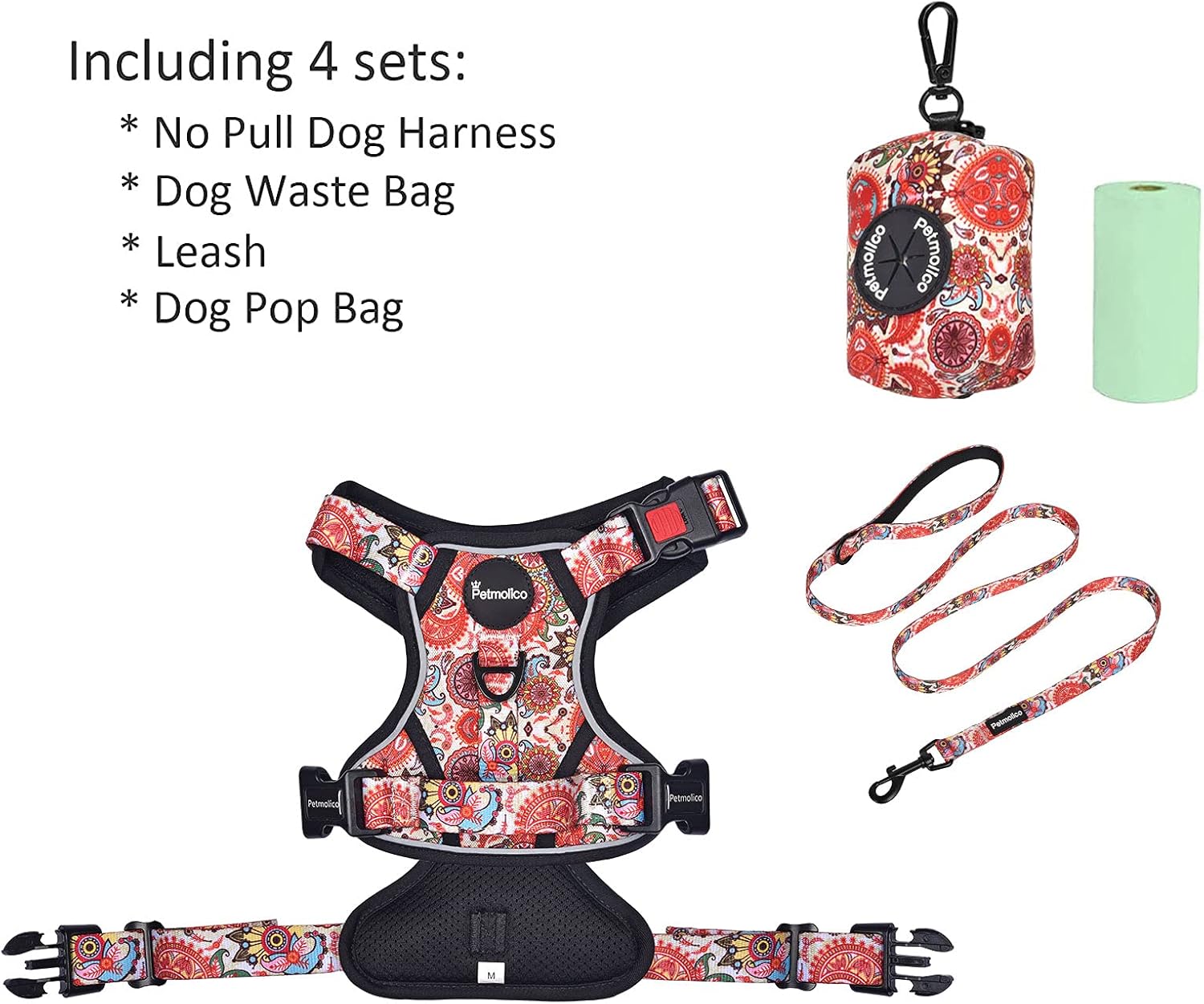 Petmolico No Pull Dog Harness Set with Leash Attachment Easy Control Handle Reflective Harness Vest Small Breed, Puppy Vest and Leash Set with Poop Bag Holder, Medium - Boho Floral