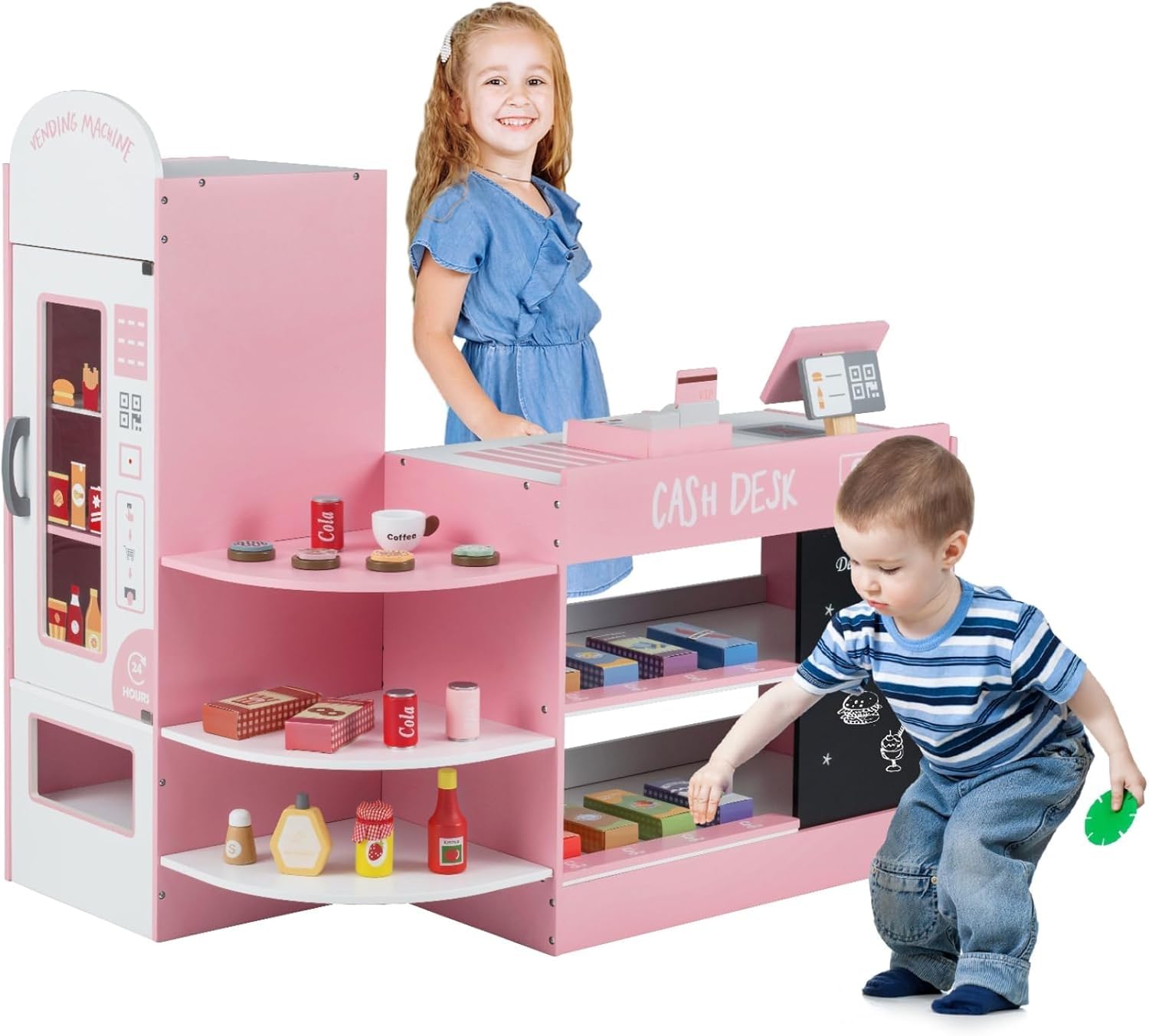 Maxmass Kids Pretend Grocery Store, Wooden Children Supermarket Playset with Rich Accessories, Vending Machine, Scanning Area, POS Machine & Screen, Toddler Play Shop for 3-8 Years Old (15PCS, Pink) — image 1