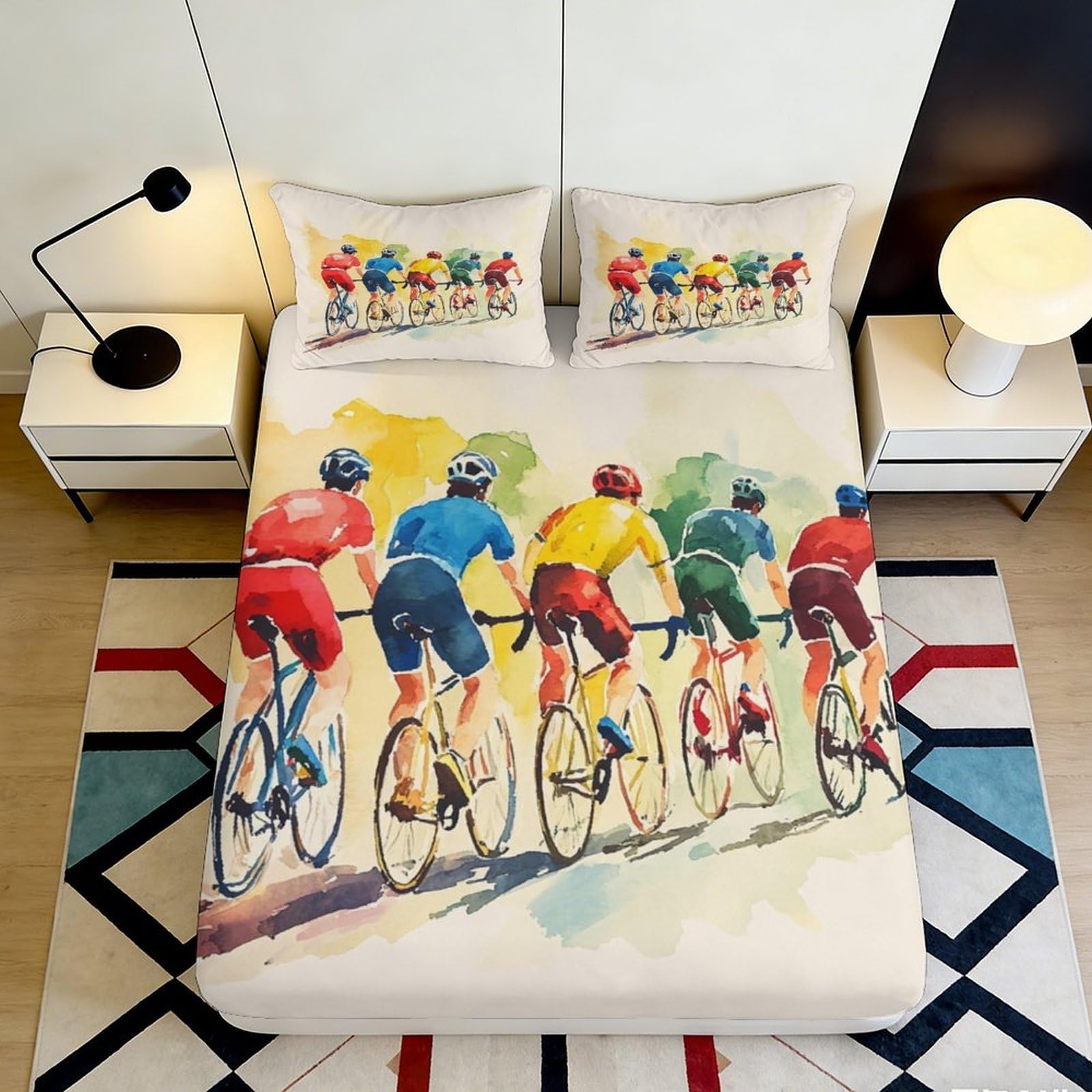 3D Printed Cycling Race Fitted Sheet Microfiber Soft Breathable Colorful Bikers Bed Cover for Bedroom Dormitory Guest Room Mattress Protection 160x200x25cm
