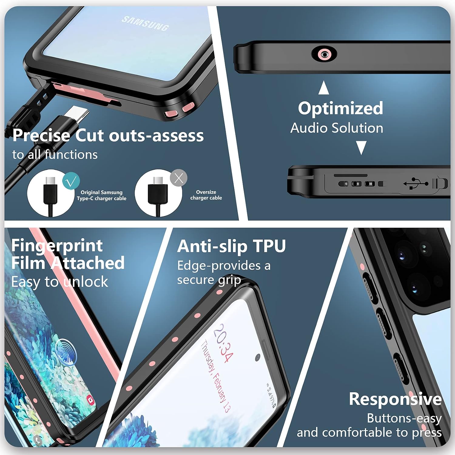 SPIDERCASE for Samsung Galaxy S20 Plus Waterproof Case, Built-in Screen Protector Fingerprint Unlock with Film, Shockproof Full Cover Waterproof Case for Samsung Galaxy S20 Plus 5G 6.7”, Pink/Clear…