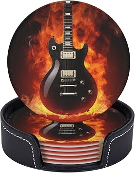 Drink Coasters with Holder 6 Pcs Rock Guitar Leather Coasters Round Coaster for Drinks Waterproof Heat Resistant Coaster Mug Cup Pad for Coffee Table Kitchen Dining Room Bar Decor