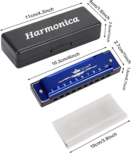 Miniatura 2 de UPINS Harmonica, 4 piezas Key of C Blues 10 agujeros 20 tonos titanio color armónica con estuche paño de limpieza para principiantes estudiantes
