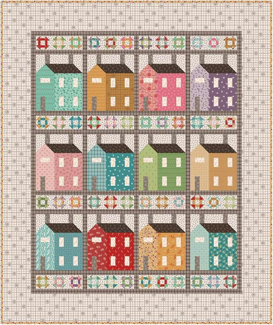 Riley Blake Lori Holt Prim Village Quilt Pattern | Features Pieced Houses & Churn Dash Blocks | Finished Size 57" x 68"