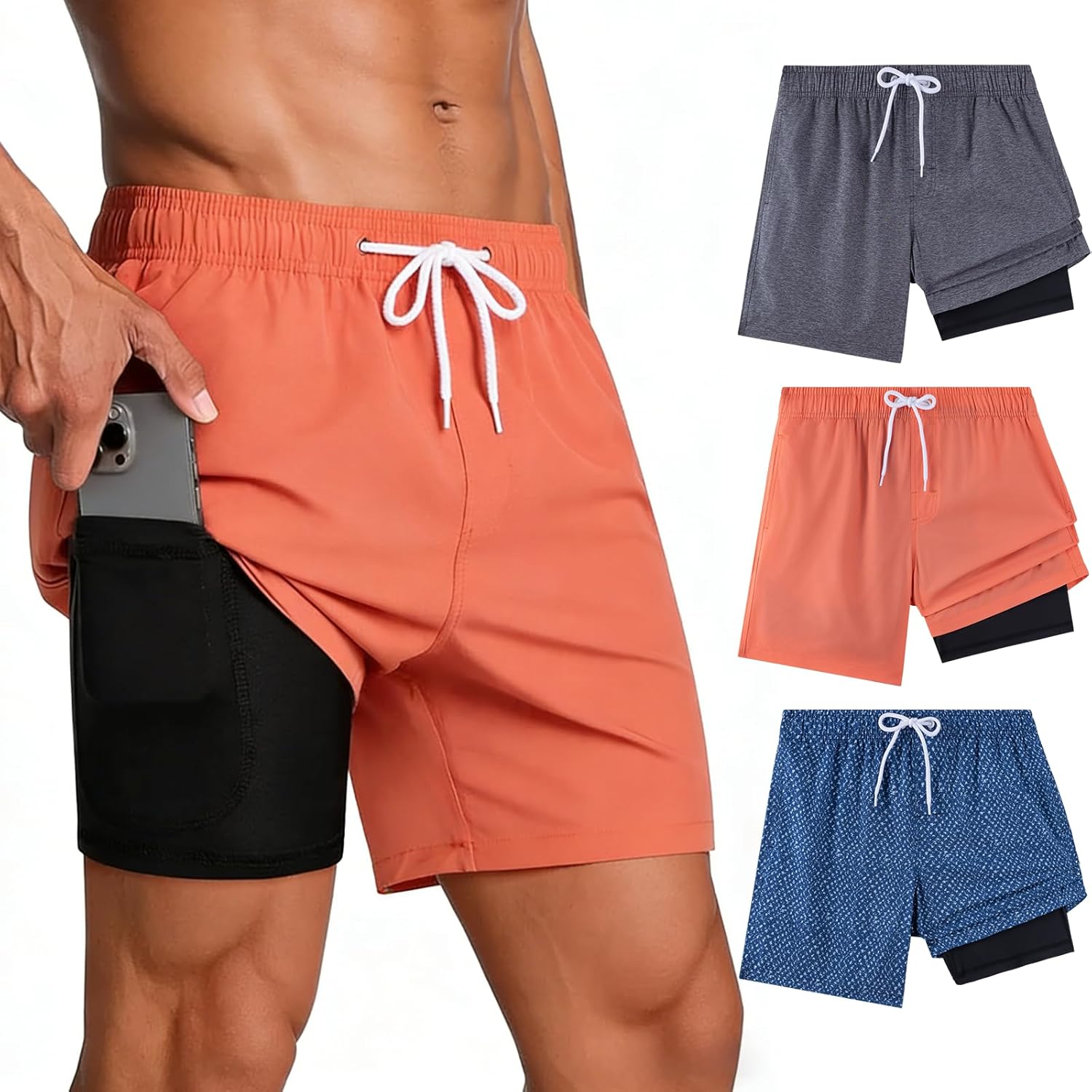 ROSEGIN 3 Pack Mens Swim Trunks 7 Inch Compression Liner Quick Dry Bathing Suits Beach Vacation Swimsuit Board Shorts