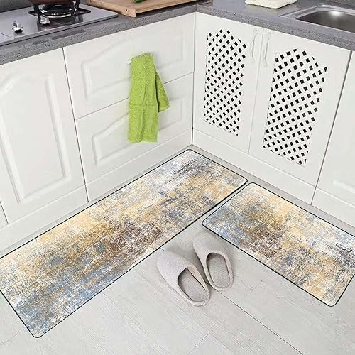 Vista 217 de TOMWISH - Tapetes de cocina para piso, color turquesa, gris, abstracto, pintura artística, 17 x 48 + 17 x 24 pulgadas, juego de alfombras de cocina