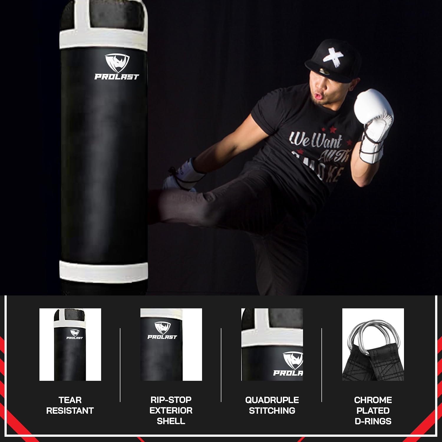 PROLAST 4 ft 80lb Heavy Boxing Punching Bag, Muay Thai, MMA, Strength Training Equipment, Hanging, Rhino Logo, Two Tone