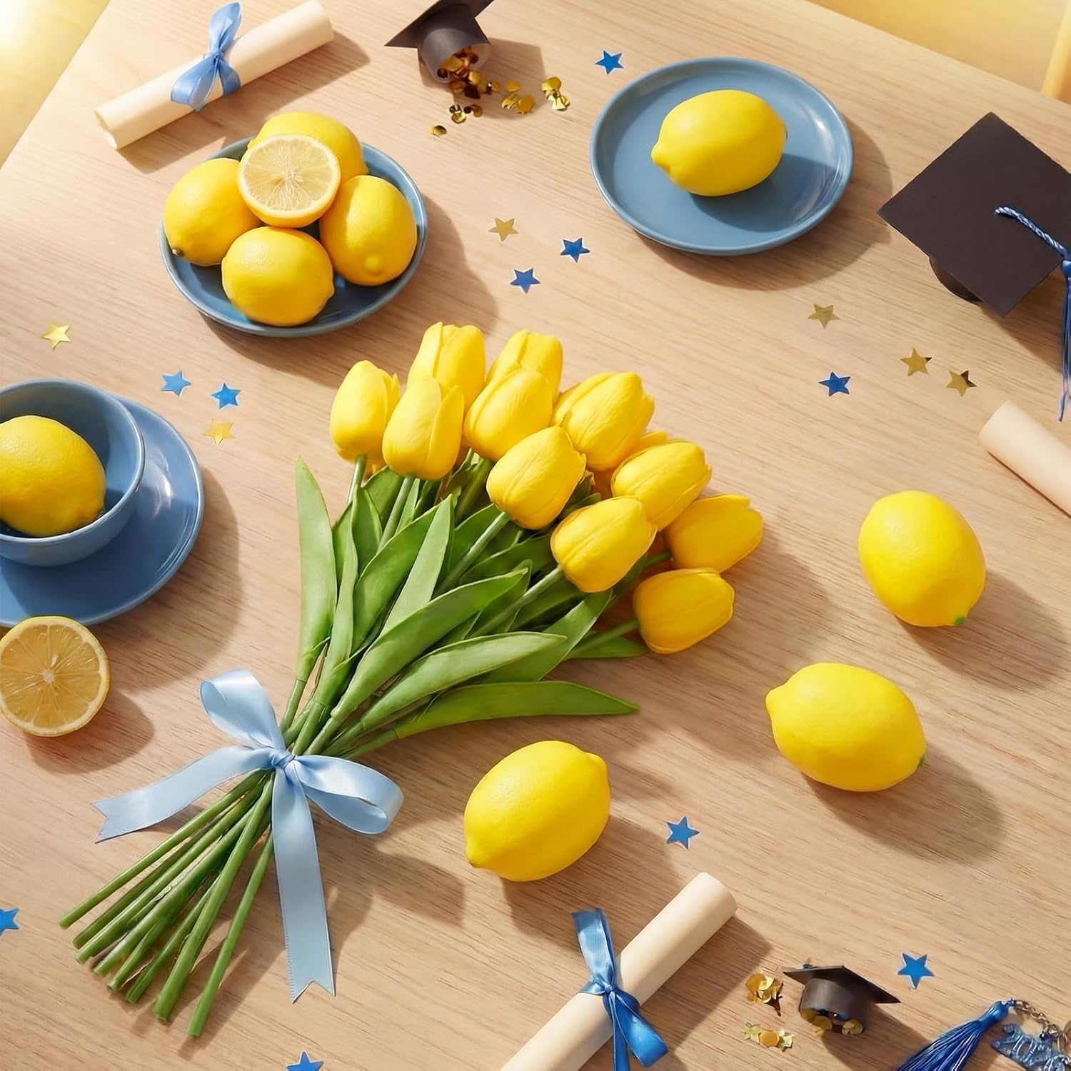 Suncalla 25 Pcs Lemon Vase Filler Decorations Kit, Artificial Lemon Yellow Tulip Table Centerpiece, Long Stem Floral Decor for Farmhouse Home Kitchen Wedding Spring Summer Decoration