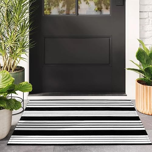Alfombra de exterior a rayas blancas y negras, 27.5 x 43 pulgadas, de algodón, moderna, tejida a mano, reversible, para puerta de porche frontal, Alfombra de exterior a rayas blancas y negras, 27.5 x 43 pulgadas, de algodón, moderna, tejida a mano, reversible, para puerta de porche frontal,