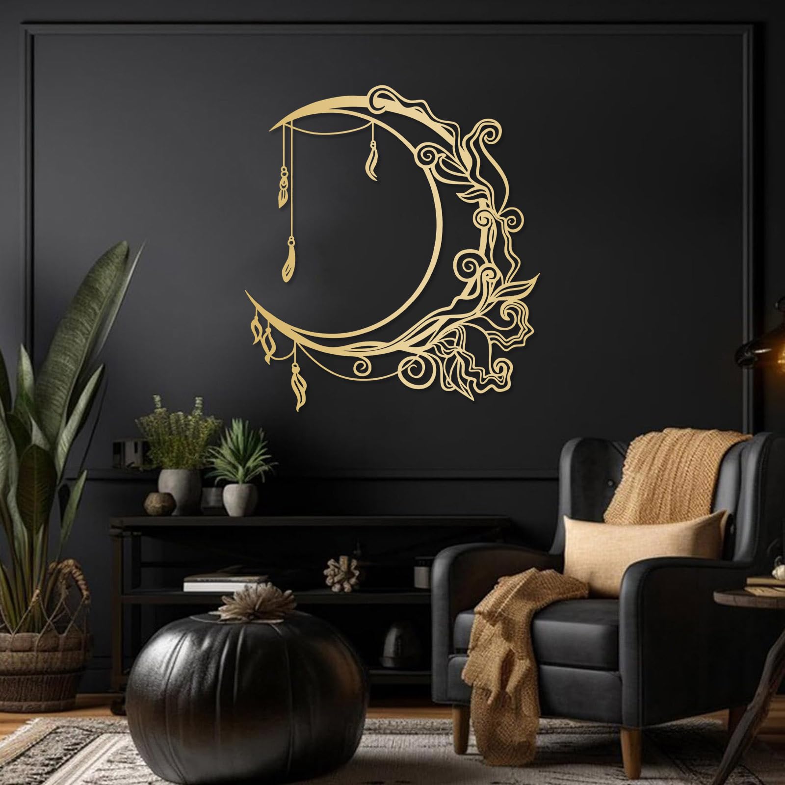 Arte de Pared Bohemio Floral con Luna Negra de Metal, decoración de Pared con Fases celestiales de Metal, Escultura Moderna de Arte Bohemio Floral con Luna para Sala de Estar, Pasillo y esca