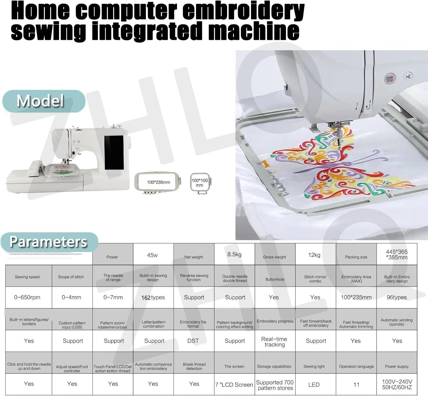Automatic Sewing Machine, Electric Embroidery Machine, DIY Embroidery Tool, 210 Built-in Letters and 30 Pattern Borders, Embroidery Machine with Large Embroidery Area of ​​10 X 23.5 Cm