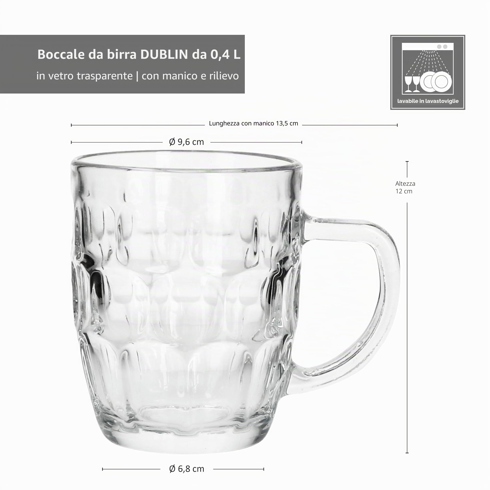 MamboCat Set di 6 boccali da birra Dublino I 400 ml Altezza 12 cm I per 6 persone I Boccale da birra in vetro con rilievo e manico I Bicchieri da birra trasparenti 0,4 l I Boccale da birra per feste