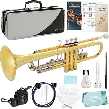 Kmise Bb Standard Trumpet, Premium Brass Trumpets for Student Beginner, Trumpet Instrument Set with Upgraded Case, 7C Mouthpiece, Mute, Beginners Guide Kit, Cleaning Kit Gold & Nickel Plated