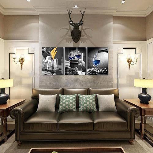 Miniatura 3 de GOOSLA Decoración de pared de cocina, arte de pared de copa de vino, fácil de colgar, lienzo de alta definición, amarillo y azul, imágenes