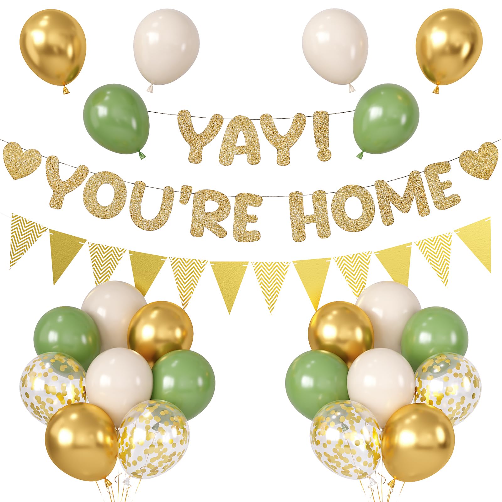 Welcome Home Decorations,Green Gold White Yay! You're Home Glitter Banner with Confetti Balloons Pennant Flag Bunting for Home Family Housewarming Welcome Home Party Supplies