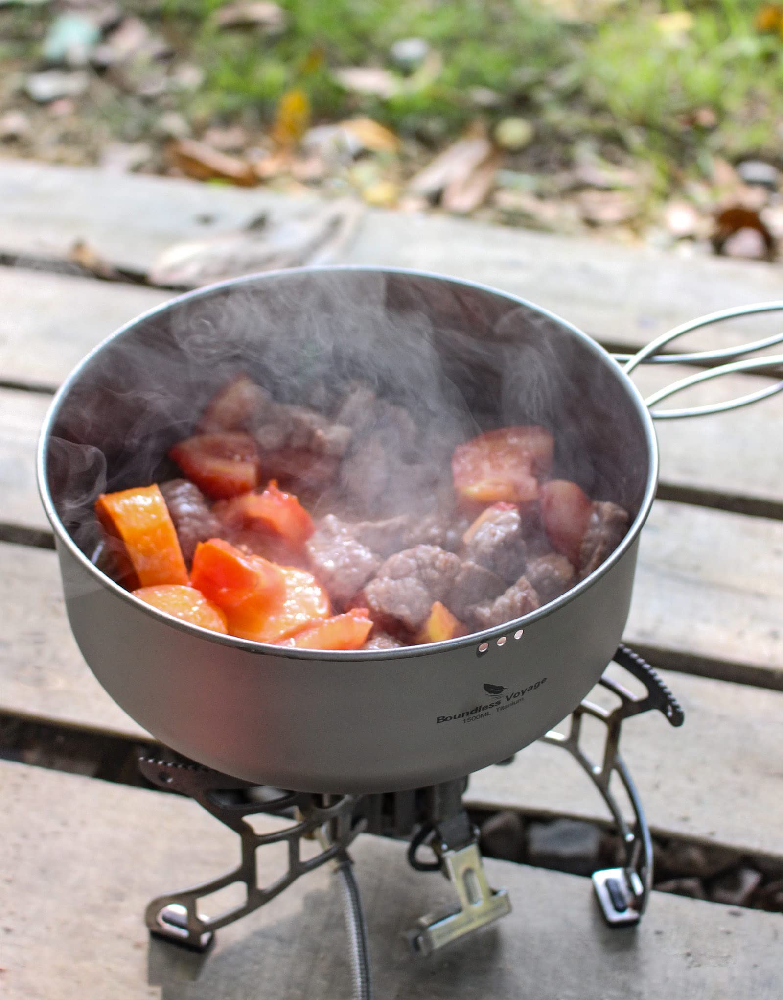 iBasingo Camping Kochen Dampfgartopf Titan Stockpot Bratpfanne Set Outdoor Reise Koch Geschirr Ultraleichte Suppen Topf Pfanne Tragbares Wander Picknick Mess Kit mit Klappgriff