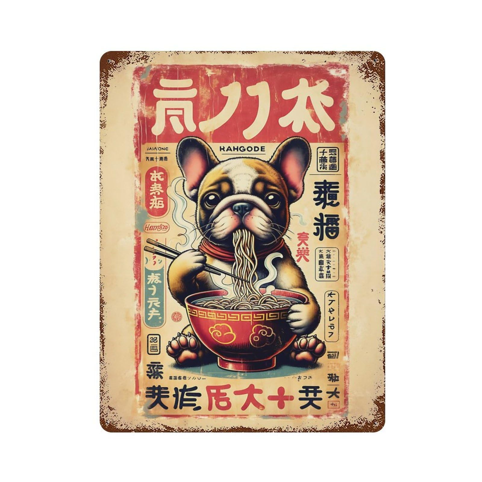 Dog Eating Ramen Japanese Poster Style Retro Metal Sign 15.7"x11.8", for Pub, Kitchen And Man Cave Decor, Industrial Home Decor