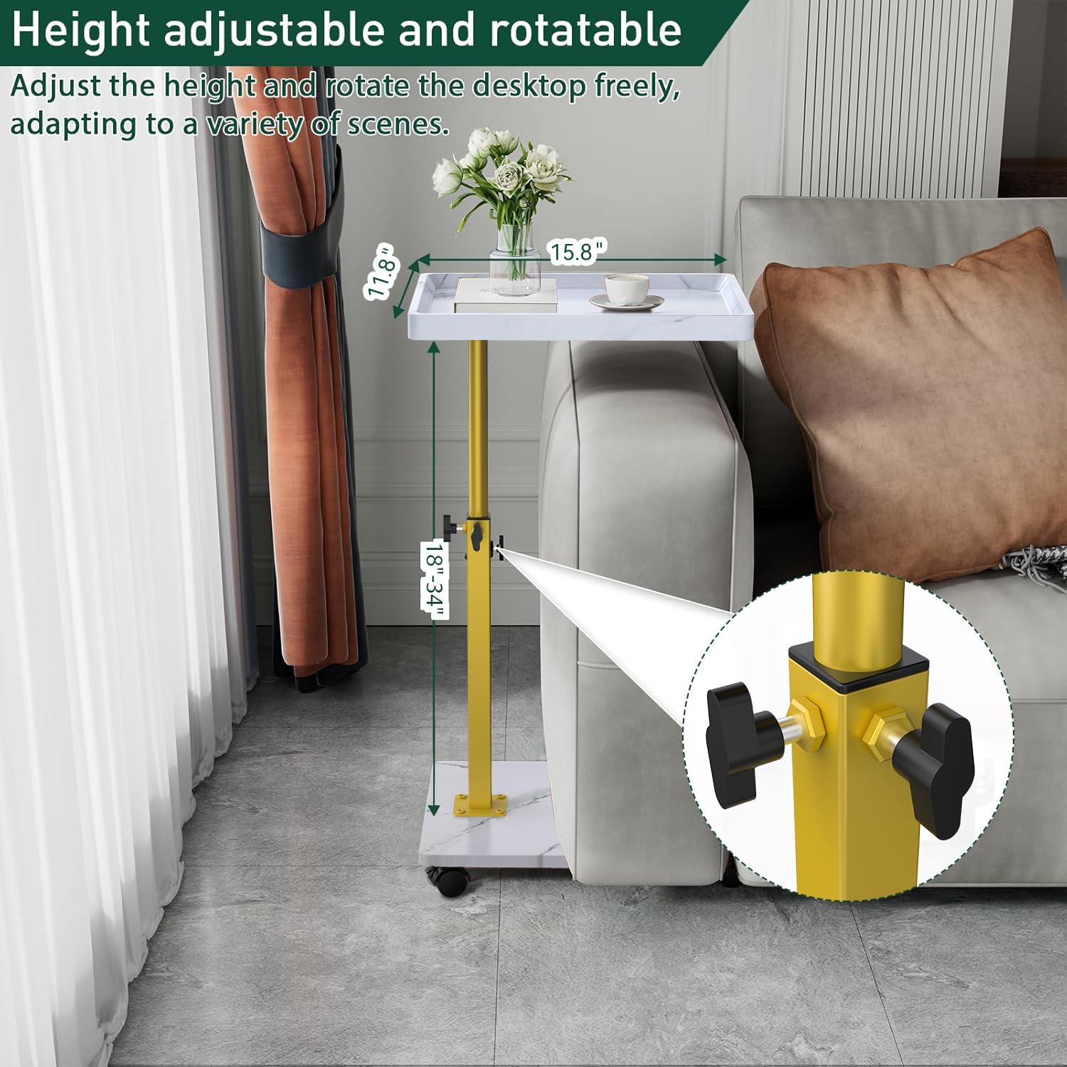 XNSDXV C Table End Table Adjustable Height, 360°Swivel TV Tray Table for Small Spaces, Couch Tables that Slide Under, C Shaped Side Tables Living Room and Bedroom for Sofa, Bed,Chair, Snack