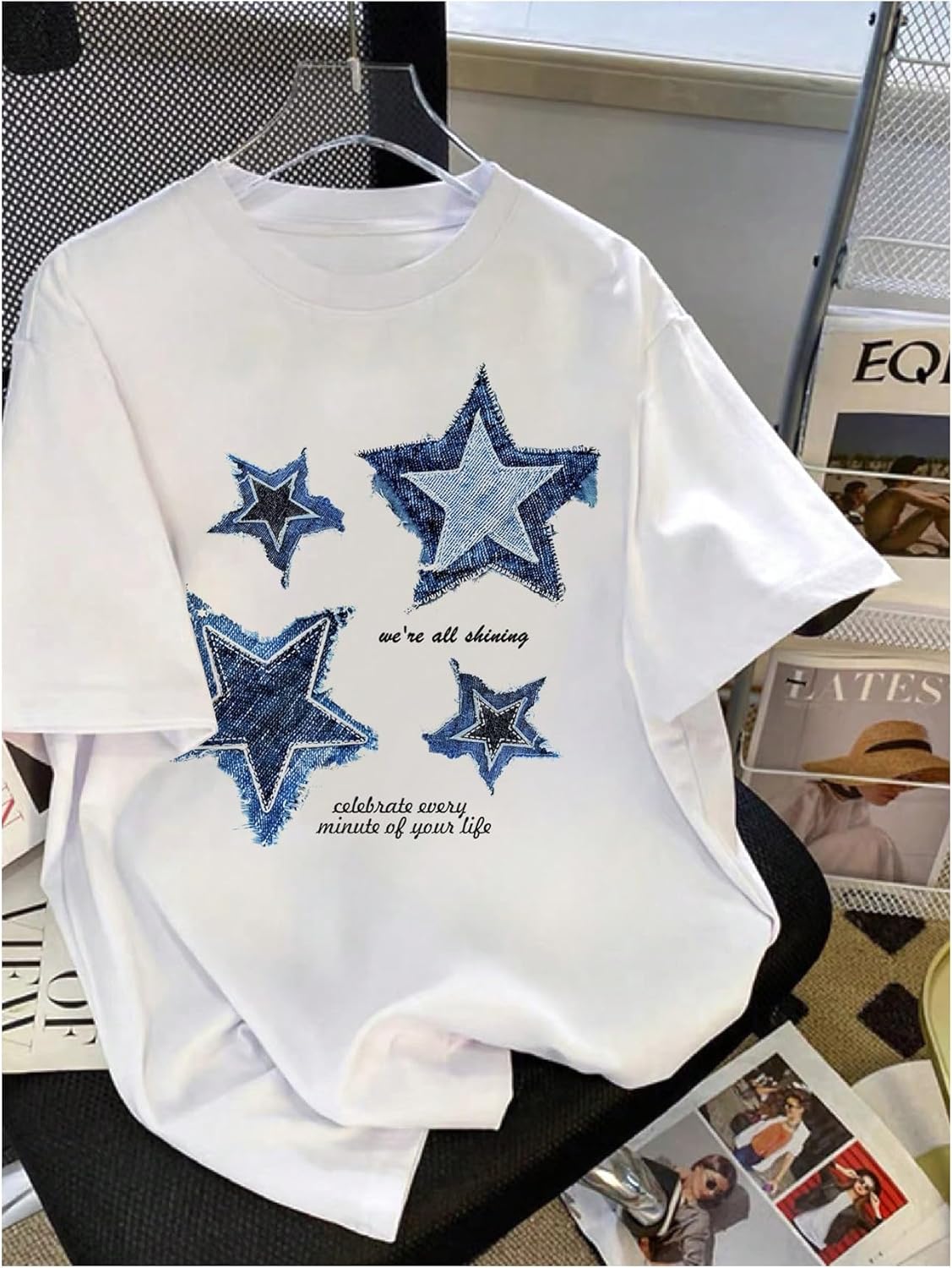 Girl's Drop Shoulder Letter Star Print Tee Tops Loose Short Sleeve Crew Neck T Shirts - Image 3