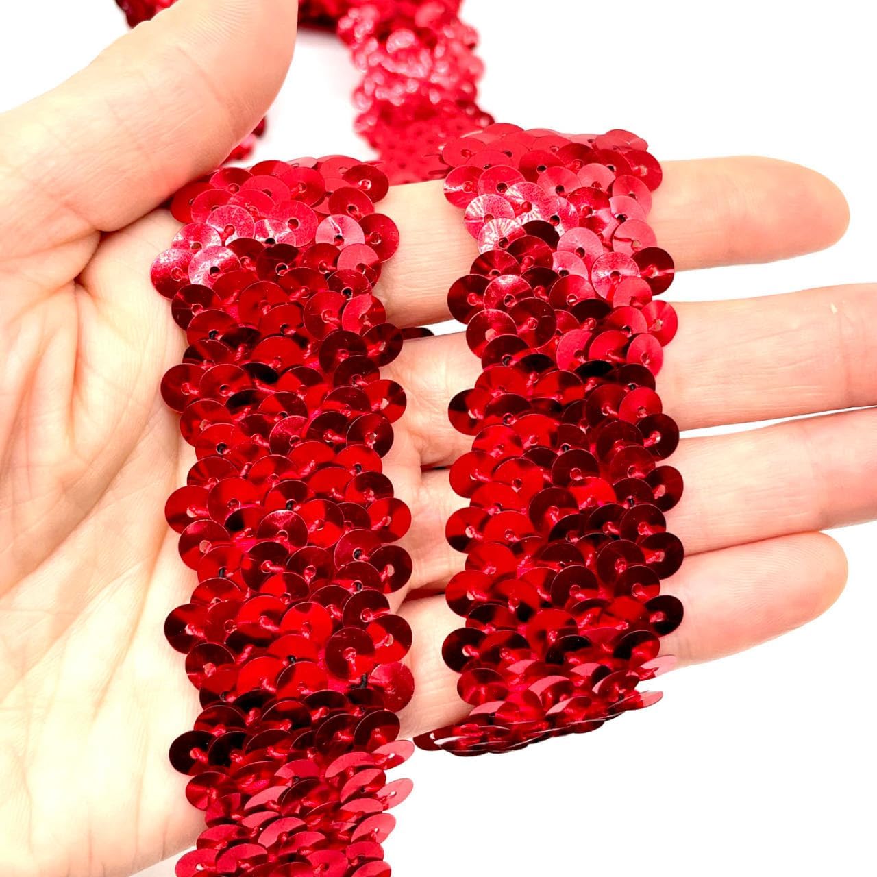 3 Yards 1.18Inch Elastic Sequin Ribbon Trim Glitter Metallic Stretch Flat Sequinfor DIY Crafts, Sewing Dress Fabric Ribbon Sewing Craft Supplies(Red)