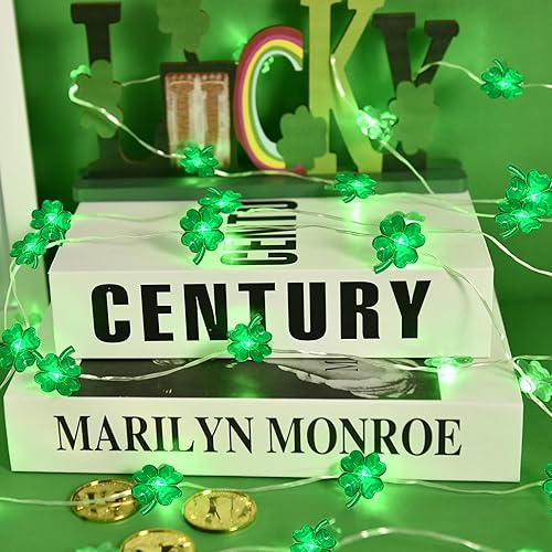 Miniatura 3 de cshare Guirnalda de luces de trébol para decoración del día de San Patricio con temporizador de 13 pies, funciona con 40 LED, funciona con pilas,