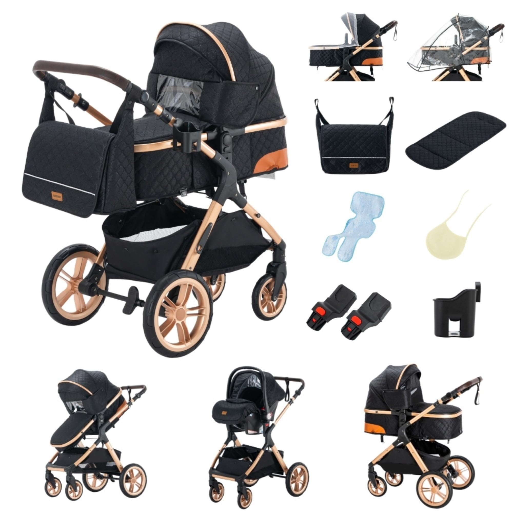 YAZOCO kinderwagen 3 in 1 Buggy Babybett Komplett Set Einem Klick Zusammenklappbarer Kinderwagen, KombiKinderwagen Aluminiumrahmen für Neugeborene
