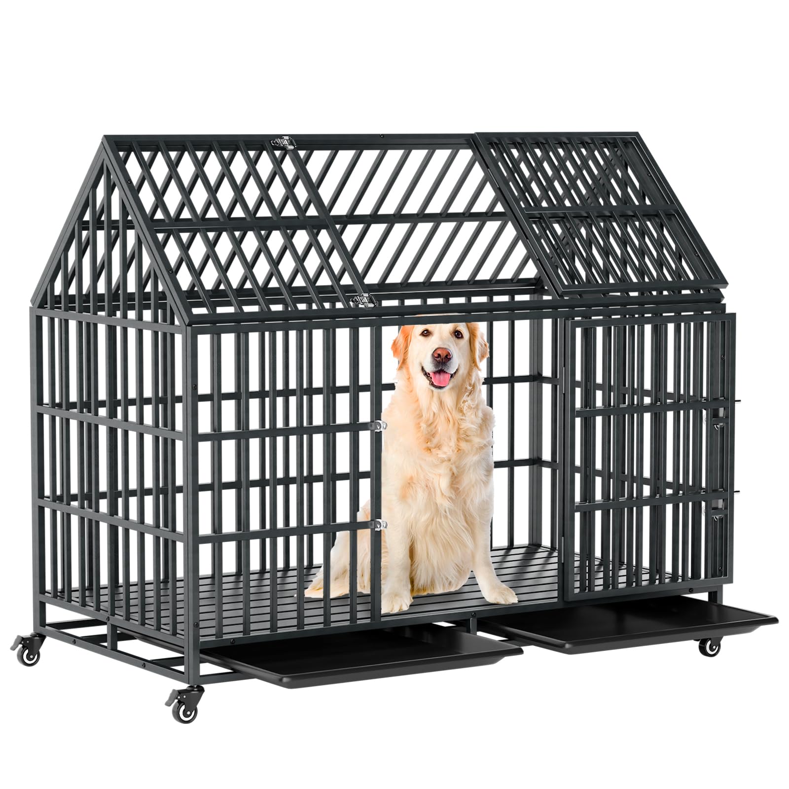 52 Inch Heavy Duty Dog Crate Extra Large Dog Cage Kennel, Indestructible XXL Dog Crate with Open Roof Top, Trays and Wheels, Escape-Proof for High Anxiety Giant Dogs