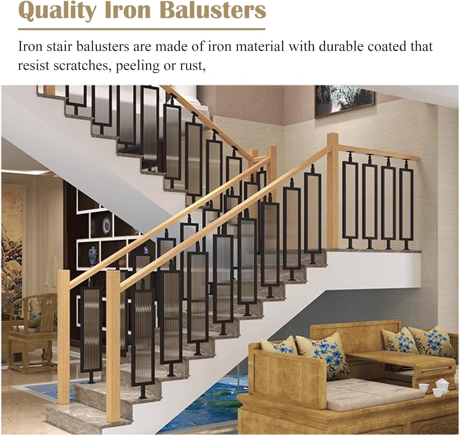 BBHW Stair Balusters Modern Staircase Iron Balusters with Tempered Glass, Steps Deck Railing Handrail System, Customizable Decorative Stair Spindles Kit (Color : Black, Size : 85cm(33 1/2"))