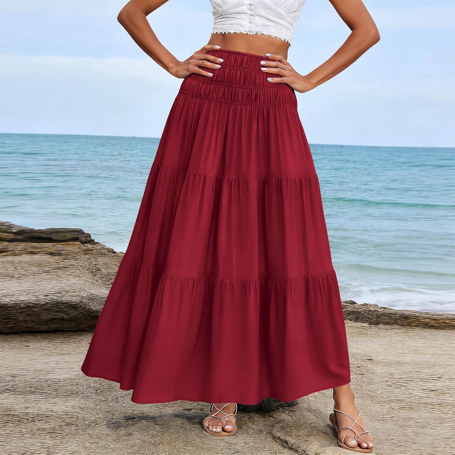 Long Skirts for Women Boho Elastic High Waist Tiered Casual Flowy Maxi Skirt A-Line Beach Vacation Fashion Outfits