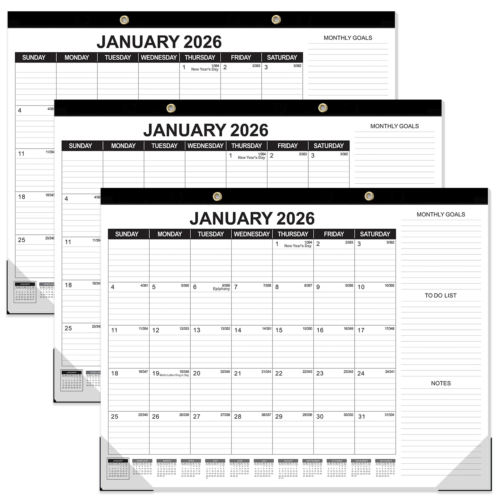 GuassLee Großer Tischkalender 2026, 3 Packungen, 55,9 x 43,2 cm, Desktop-Wandkalender, 18 Monate, Wandplaner von Januar 2026 bis Juni 2027, mit Julianischem Datum, To-do und Notizen, monatliche Ziele