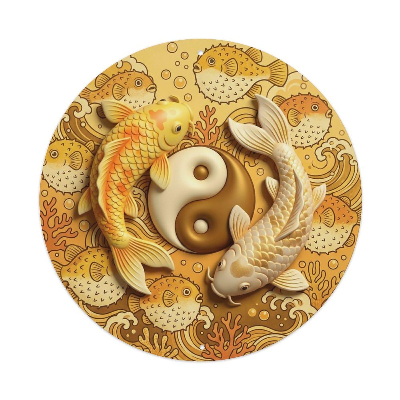 Tai Chi Koi Fish Pufferfish Yellow Orange Ocean Metal Tin Sign