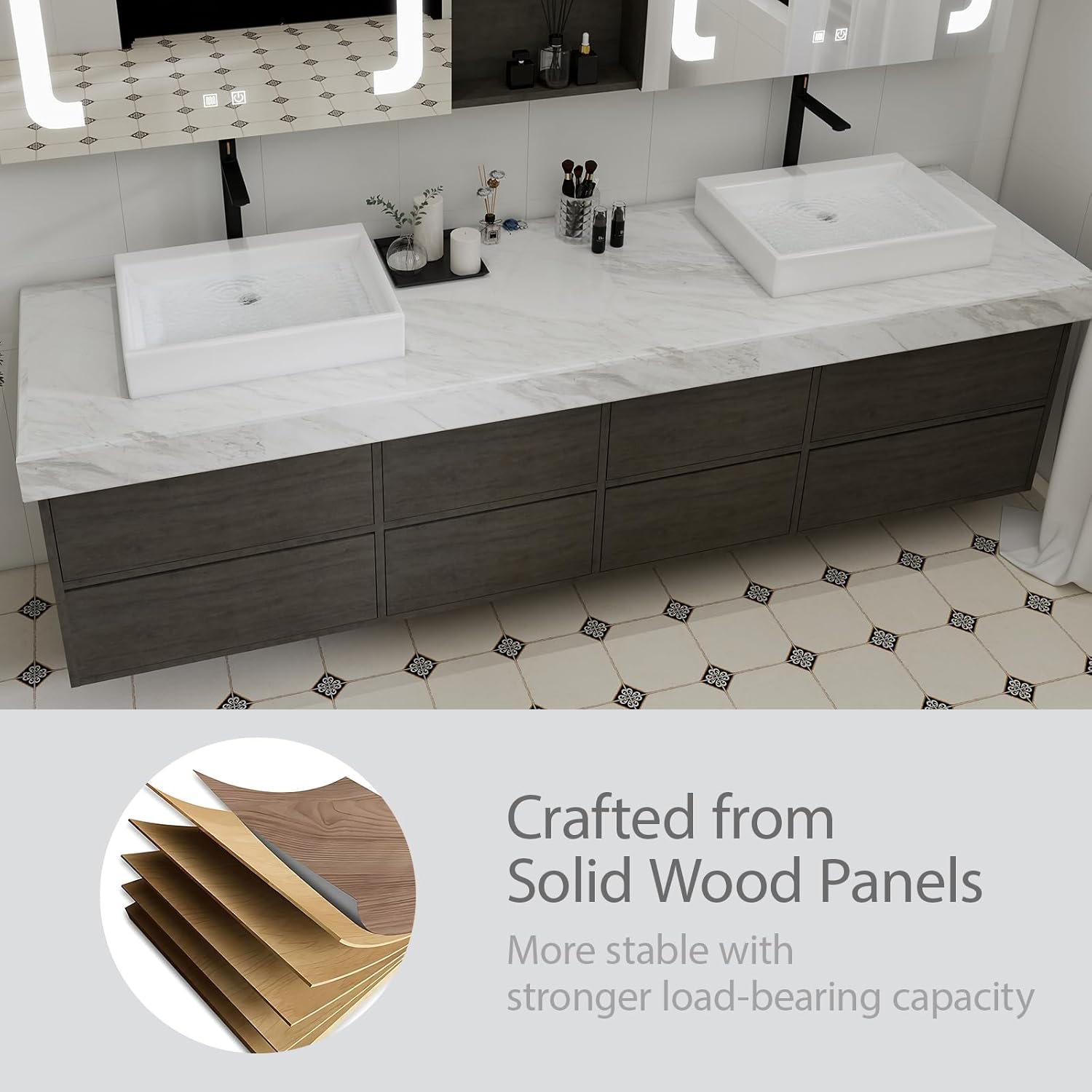 Double Bathroom Vanity with Sink - One Touch Lighting & Fog Free | Modern Bathroom Cabinets Wall Mounted has Heat Resistant Countertop, 8 Drawers (Style B, 56'')