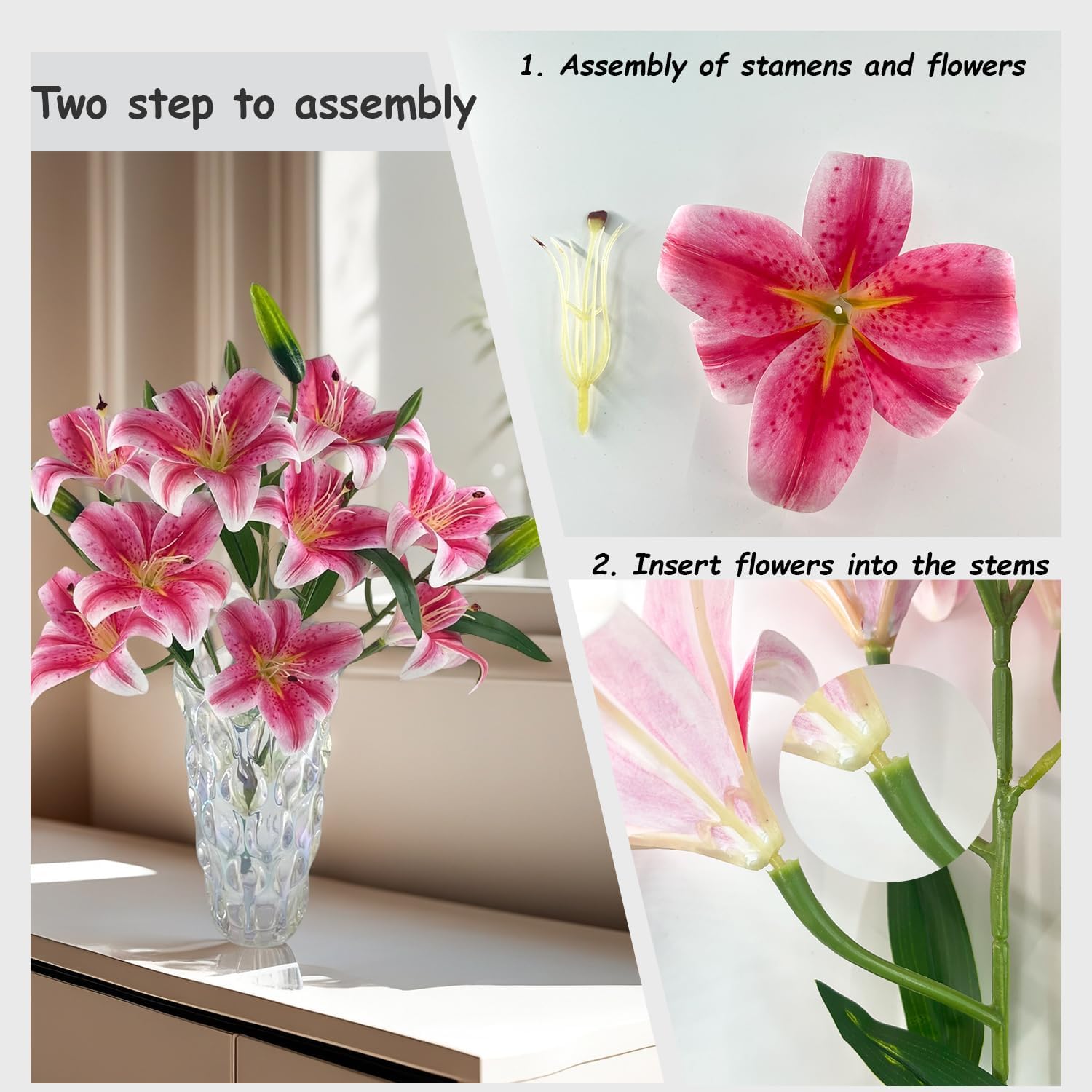 12 Artifical Lily Flowers with 9 Heads Full Bloom Lily & 3 Buds, Long Stem Artificial Stargazer Lilies, Faux Tiger Bouquets for Home Hotel Office Party Decor Table Centerpieces（Dark Pink