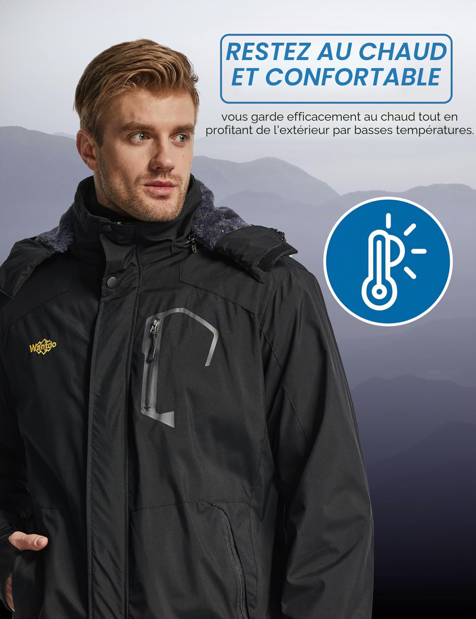 Wantdo Homme Veste de Ski Montagne Outdoor Manteau d'hiver Chaud avec Capuche Amovible Veste Imperméable Coupe-Vent Veste Randonnée pour Voyage